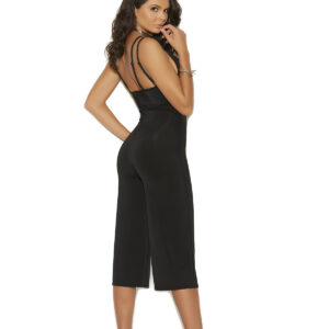 Deep V lycra jumpsuit with double adjustable straps and back zipper closure.