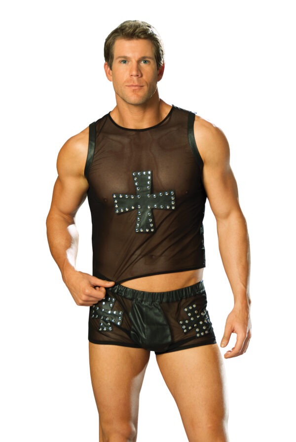 Leather and mesh shorts with cross and nail