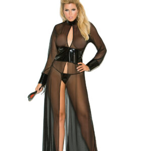 Mesh And Vinyl Long Sleeve Gown With Adjustable Hook Plus Size