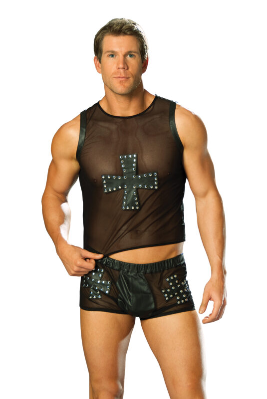 MENSWEAR Leather and mesh shorts with cross and nail
